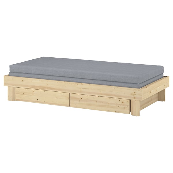 GLAMBERGET extendable bed with gray mattress. Light wood frame, rectangular, sleek design.