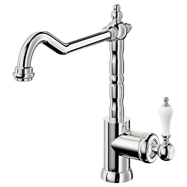 GLITTRAN chrome tap, classic design, brass body, curved spout, white handle.