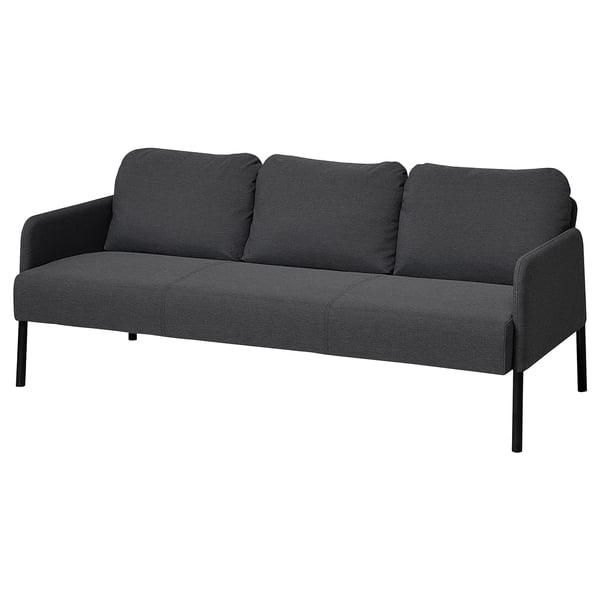 GLOSTAD sofa: modern grey fabric couch with cushioned seats and back, supported by black metal legs, offering comfort and style.