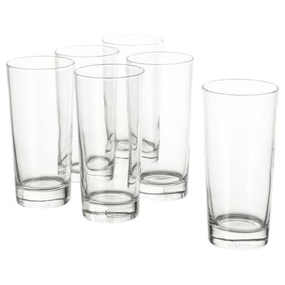 Six clear glass cups arranged together, each with a tall, straight, simple shape. Perfect for cold drinks.