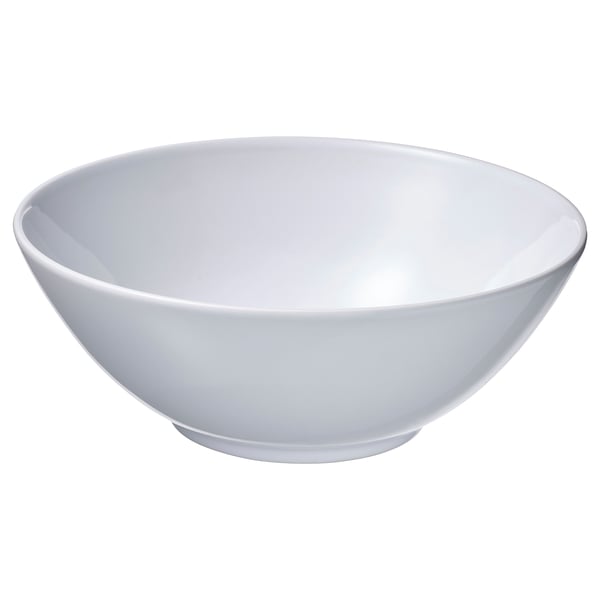 A white, round, and empty GODMIDDAG bowl made of stoneware, designed for versatile use.