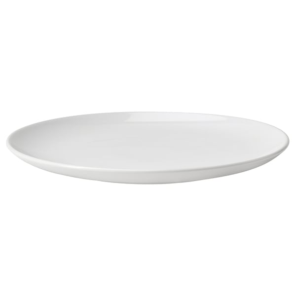 Round, white ceramic plate with smooth edge; simple, classic design.