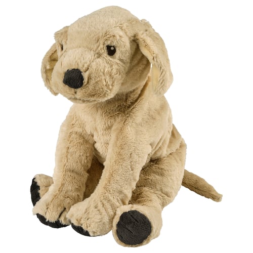 Cuddly yellow lab cuddly toy with brown spots, soft and huggable, sits upright with a friendly expression.