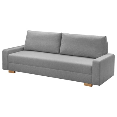 A grey GRÄLVIKEN sofa-bed with a modern, simple design. It has three cushions and wooden legs, perfect for compact spaces.