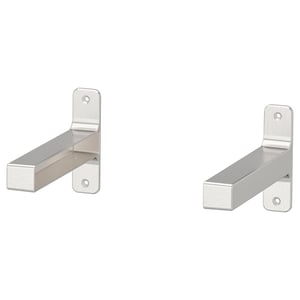 Pair of nickel-plated aluminium brackets for mounting shelves, featuring clean, straight edges and a modern design.