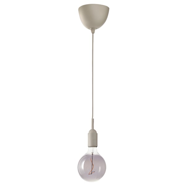 GRÅVACKA: white pendant lamp with beige cord, smoked glass bulb, warm light.