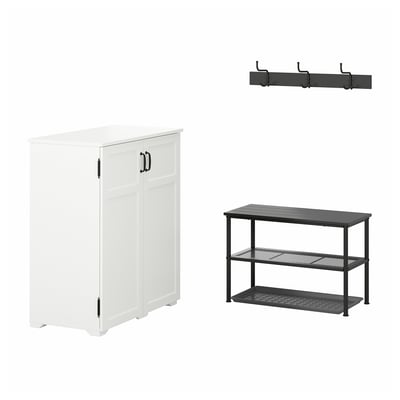 Home furniture set: white cabinet, black bench, grey rack with hooks