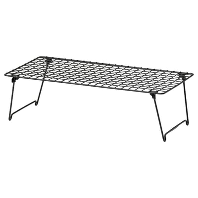 Black wire foldable shoe rack, rectangular shape with diamond pattern, sturdy legs for support.