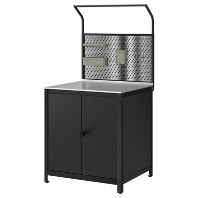 A black GRILLSKÄR outdoor kitchen unit with stainless steel countertop, mesh back, and storage cabinets.