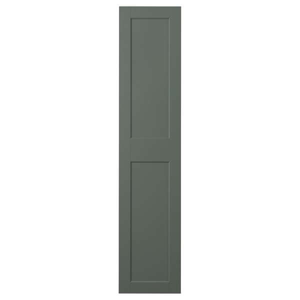 GRIMO: green-tinged grey modern/traditional door with bevelled panels on both sides.