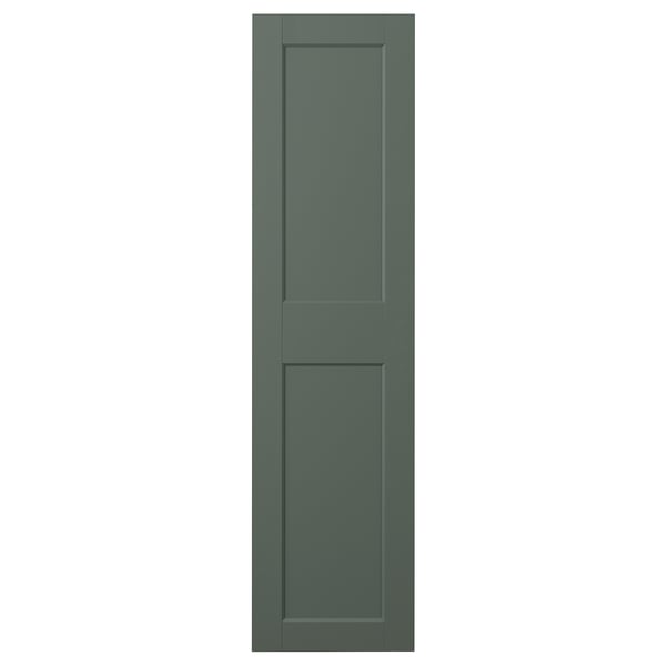 GRIMO: greenish grey door with wide panels, simple lines, and bevelled inner frames.