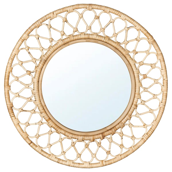 GRINSBOL round mirror: natural woven rattan frame around clear glass.