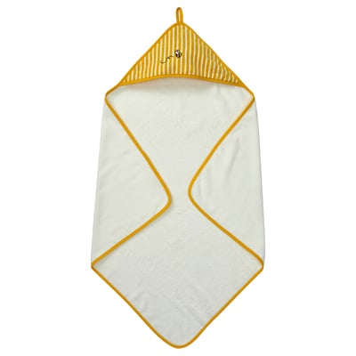 Yellow bee-themed baby towel; white with yellow border & hood, featuring a cute bee emblem.