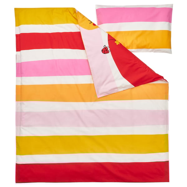 Striped red and yellow baby duvet set with ladybugs.