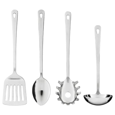 Four stainless steel kitchen utensils: spatula, spoon, skimmer, ladle, all with long handles and similar designs.