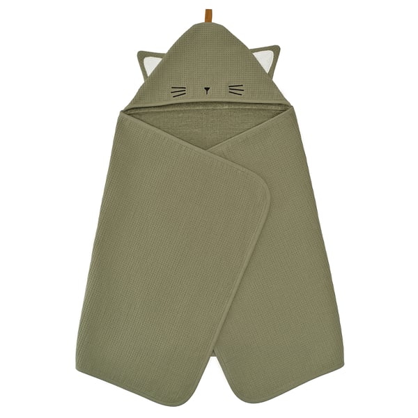 GULDVÄVARE, green cat towel, soft organic cotton, hooded, looped, waffle pattern.