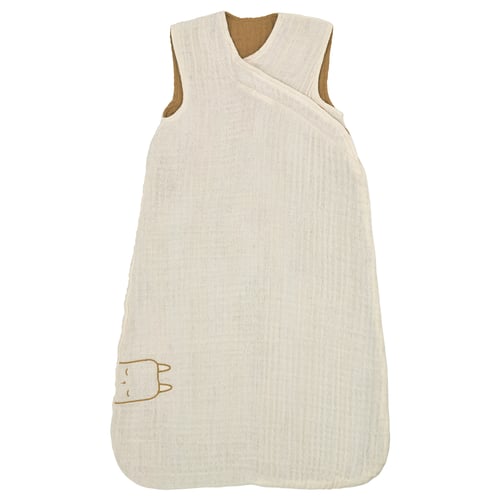 GULDVÄVARE baby sleep bag, beige, organic cotton muslin,wrap-style, with small sheep design.