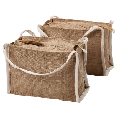 Three brown jute storage bags with handles, stacked neatly; ideal for organising and storing root vegetables.