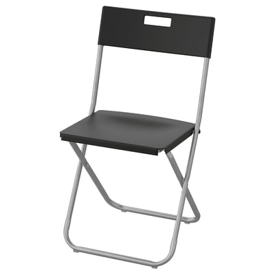 Black & silver foldable chair, GUNDE, polypropylene seat, galvanised steel frame, minimalist design.