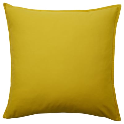 A bright yellow square GURLI pillow. Made of 100% cotton, including recycled material, it has a simple zip design.