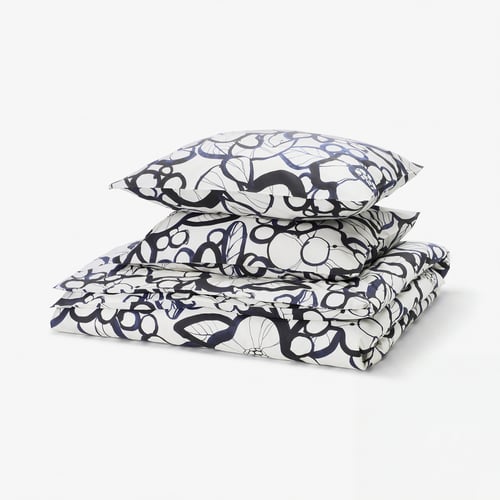 HÄRLIR Duvet cover and 2 pillowcases, white black/blue floral pattern, 200x200/50x60 cm