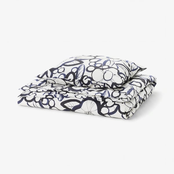 HÄRLIR Duvet cover and pillowcase, white black/blue floral pattern, 150x200/50x60 cm