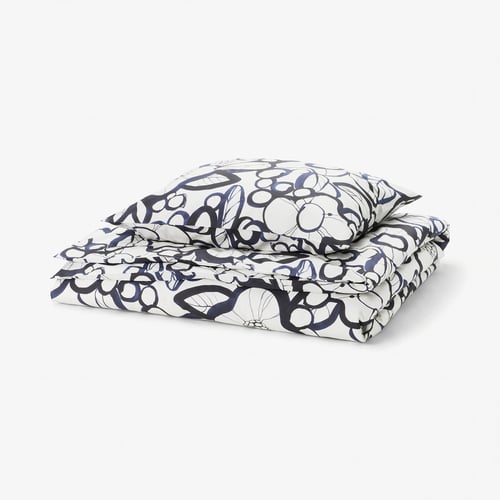 HÄRLIR Duvet cover and pillowcase, white black/blue floral pattern, 150x200/50x60 cm