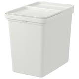 A white HÅLLBAR waste sorting bin with a lid and handle. Made of recycled plastic, its rectangular with rounded corners for easy cleaning.