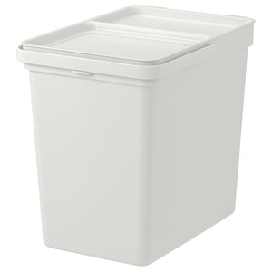 A white HÅLLBAR waste sorting bin with a lid and handle. Made of recycled plastic, its rectangular with rounded corners for easy cleaning.
