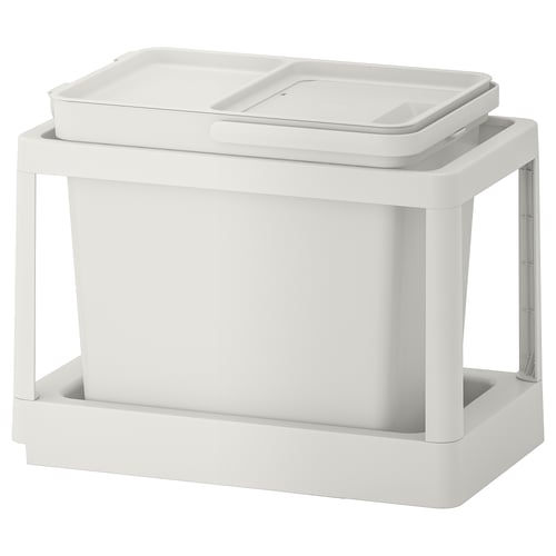 White HÅLLBAR waste sorting bin with clear lid, square shape, and pull-out frame, made from recycled plastic.