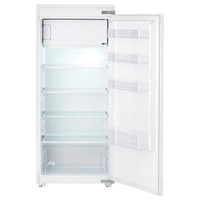 White fridge with glass shelves and freezer compartment open.