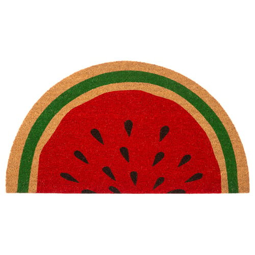 Image description: the HALLSPÅR doormat is semi-circular with a watermelon design. It green rind and red flesh with black seeds, made of coir.