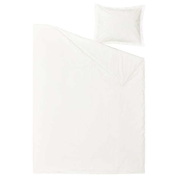 A crisp white HAMPFLOCKEL cotton duvet cover set with a pillowcase, featuring a classic design and percale weave.