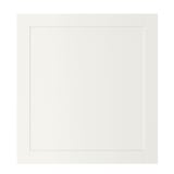 White HANVIKEN cabinet door, rectangular shape, simple design. Made of fibreboard, paper foil, plastic edging. Adds natural warmth to storage.