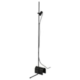 Black HÅRSLINGA floor lamp; adjustable, modern design with metallic stand and cord anchorage.