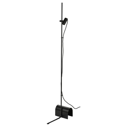 Black HÅRSLINGA floor lamp; adjustable, modern design with metallic stand and cord anchorage.