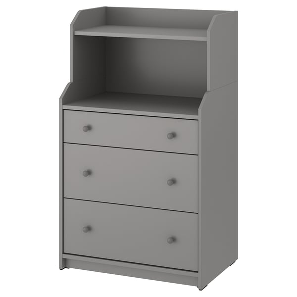 Grey HAUGA chest, 3 drawers, top open shelf, wall-mountable, modern design.