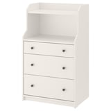 White HAUGA furniture, three-drawer & open shelf storage, wall-safe, versatile design.