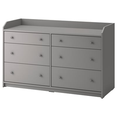 Grey HAUGA chest with six drawers, modern, minimalist design. Ideal for bedrooms, versatile, safe, wall-mountable.