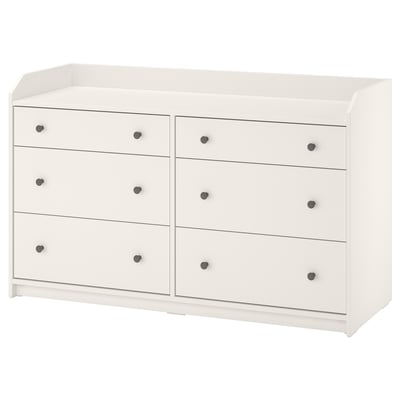 HAUGA white dresser, 6 drawers, grey knobs, modern minimalist design for bedroom.