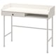 A white HAUGA desk with a metal frame and storage space.