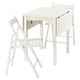 HAUGA white drop-leaf table and foldable chairs. Compact and stylish space-saver dining set with rectangular top and slatted seats.