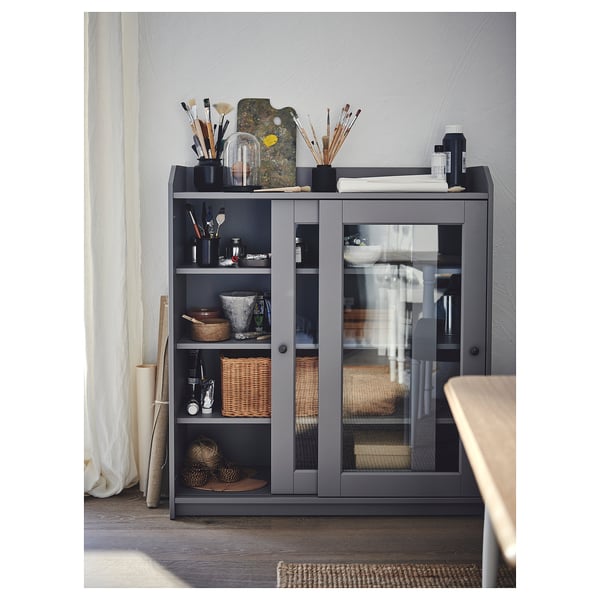 HAUGA Glass-door cabinet, grey, 105x116 cm