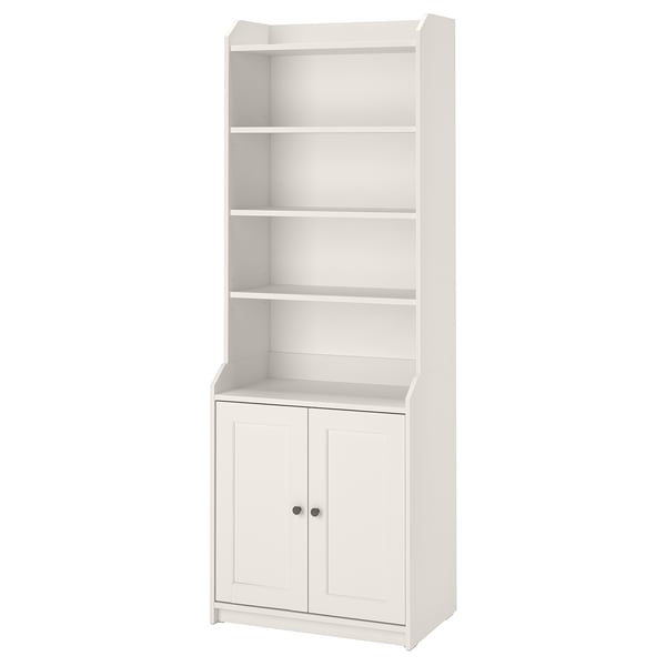 White HAUGA tall storage cabinet with open shelves and closed cabinets for versatile home use.