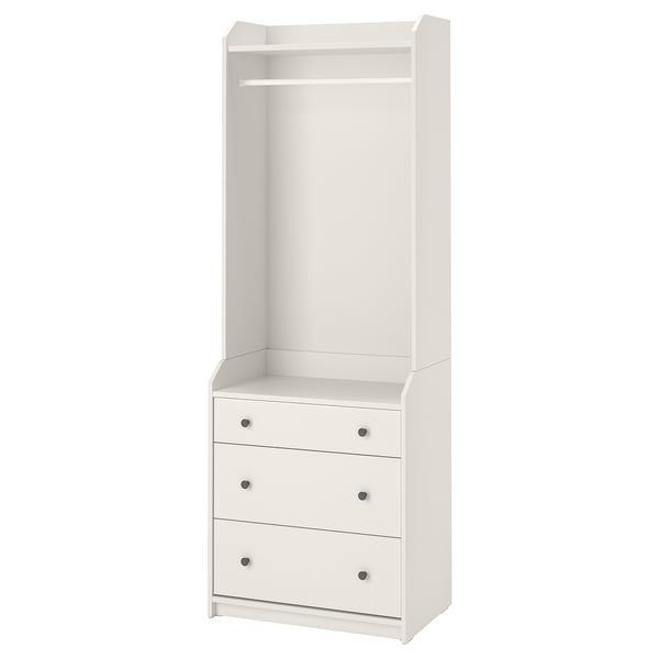 A white HAUGA wardrobe with a hanging rod and three drawers. It has a simple, modern design ideal for various rooms.