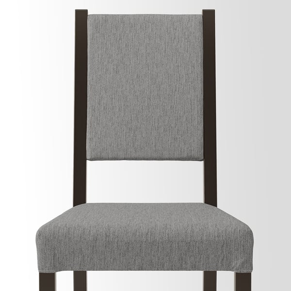 Modern chair with high grey upholstered back and seat, sturdy wooden frame.