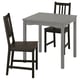 Modern dining set with grey table and black chairs.