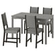 A HAUGA dining set with a grey table and grey upholstered chairs with black frames.