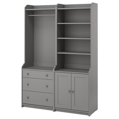 HAUGA grey closet combo: 3 shelves, 3 drawers, hang rod, traditional style.