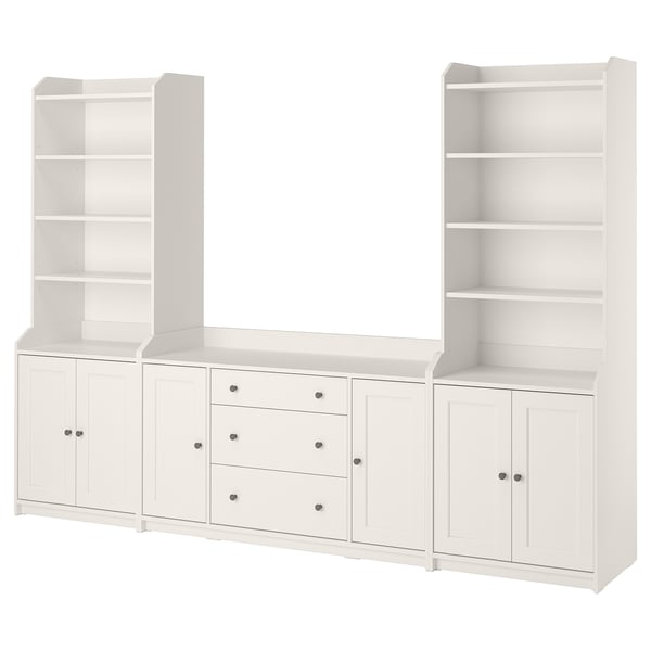 White HAUGA storage set, combines shelves and cabinets for versatile storage.